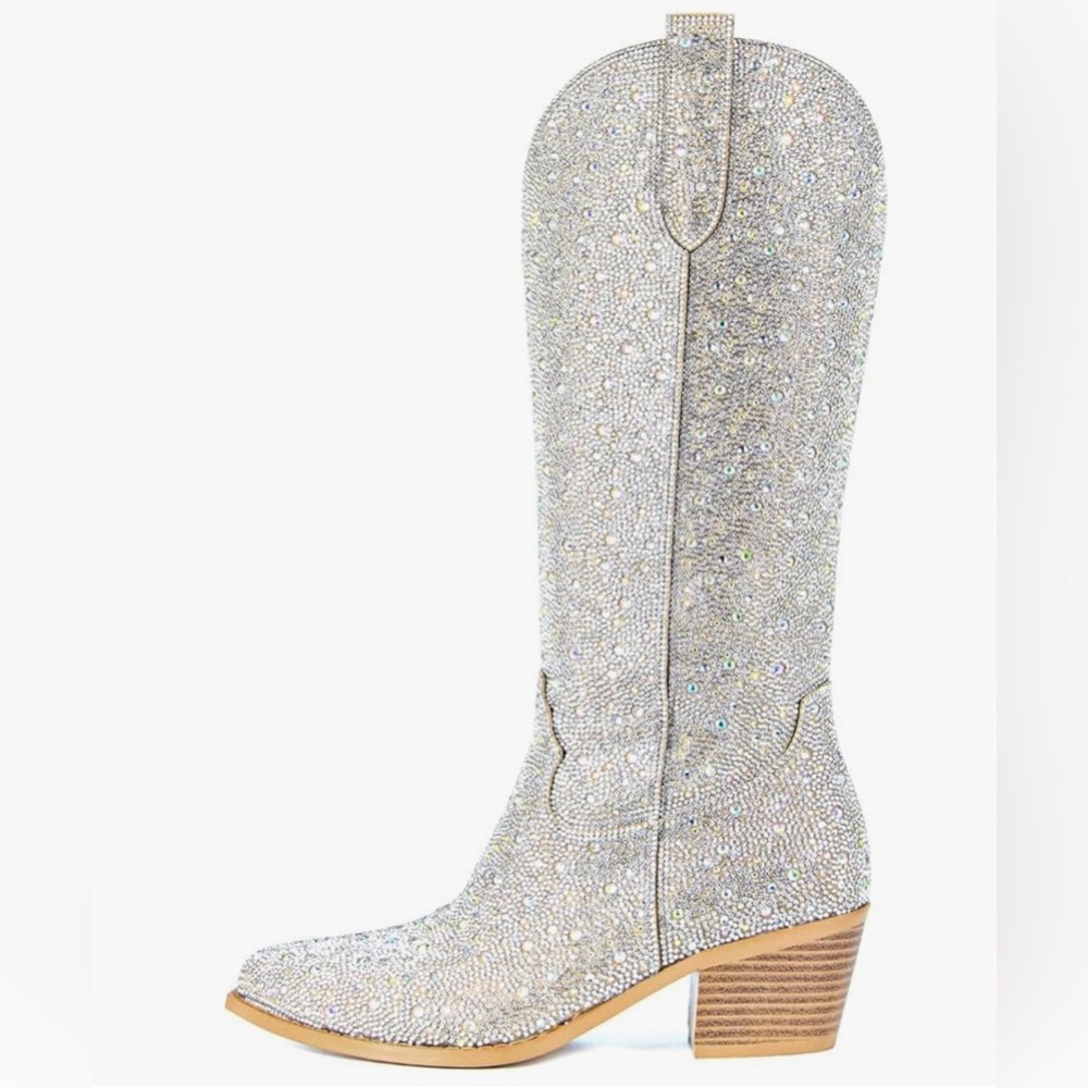 SOVANYOU Women's Rhinestone Cowboy Boots Pointed Almond Toe Block Heel Sparkly